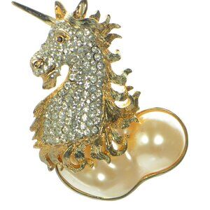 Vintage Kenneth Jay Lane KJL Pearl & Crystal Unicorn Pin Brooch /Pendant
